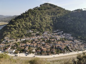 Panoramic view of a city on a hill surrounded by river and lush nature, Berat, Albania