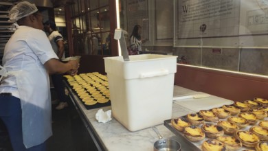 View of a bakery with pastry production workers, making Pasteis de Nata, Sintra Cascais nature park