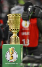 Cup on podium, TV camera, logo, soccer Bundesliga, DFB-Pokal, Allianz Arena, Munich, Bayern,