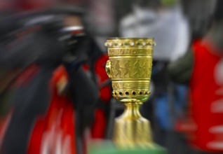 Cup on podium, TV camera, zoom effect, soccer Bundesliga, DFB-Pokal, Allianz Arena, Munich, Bayern,