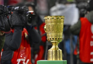 Cup on podium, TV camera, soccer Bundesliga, DFB-Pokal, Allianz Arena, Munich, Bayern, Germany
