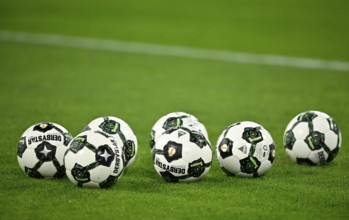 Adidas Derbystar game balls special edition, lying on grass, soccer Bundesliga, DFB-Pokal, Allianz