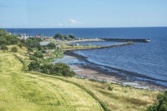 View from Smygehuk lighthouse and view towards the harbor of Smygehamn in Trelleborg municipality,