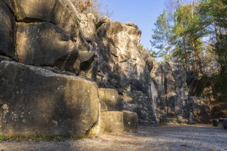 Sunny climbing garden in the Swabian Alb region, Baden-Württemberg, Germany. Sun-warmed rock faces