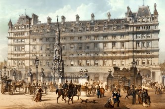 The front entrance of Charing Cross railway station in 19th-century, London, England, United