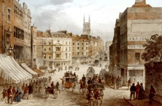 Holborn valley and Snow Hill before the construction of the viaduct, City of London, 1862, England,
