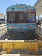 Front view of a blue train in daylight at a train station, Lagos, Algarve, Portugal