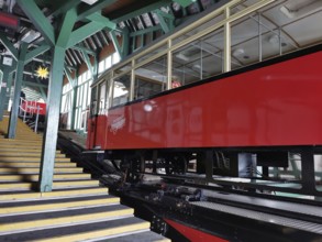Red cable car in a historic mountain station, Oberweissbach cable car, Rennsteig, Thuringian Forest