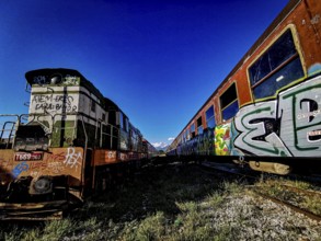 Train front painted with colorful graffiti, next to another painted train, Albania