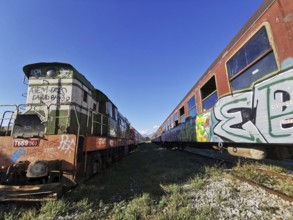 Graffiti-painted locomotive next to abandoned train row, sunny day, Albania