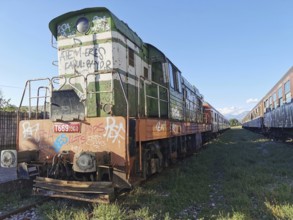 Graffiti-painted locomotive on rails, other abandoned trains next to it, Albania
