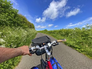 View of a bike ride along a green path under clear blue sky, Highlands, Scotland, Great Britain