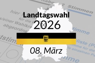 (photo montage) Baden-Württemberg coat of arms and text STATE ELECTION 2026 MARCH 08 and on a