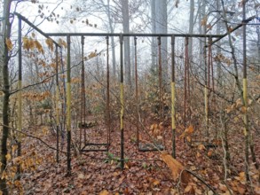 An abandoned playground in autumn forest with rusty climbing frame and autumn leaves, Thuringian