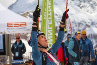 Athlete Toni Palzer with winning pose at ski touring competition Jennerstier, Skimo, Jenner,