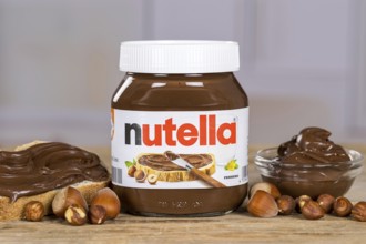 Nutella nut nougat cream 450g jar on bread with logo in Stuttgart, Germany