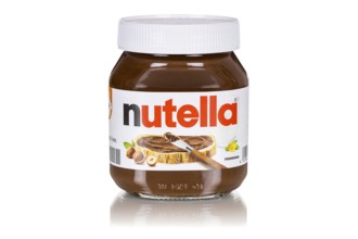 Nutella nut nougat cream 450g jar with logo cut against a white background in Stuttgart, Germany
