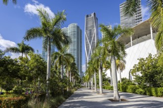 Miami skyline with high-rise real estate at Maurice A. Ferré Park in Miami, USA