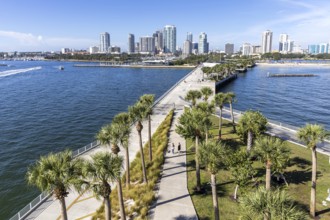 Saint Petersburg Florida skyline on Tampa Bay with St. Pete Pier and skyscrapers in downtown St.