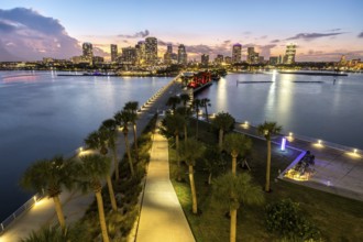 Saint Petersburg Florida skyline on Tampa Bay from above with St. Pete Pier at night in downtown St