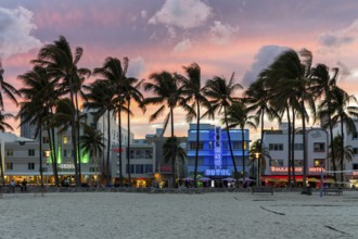 Miami Beach Florida building on Ocean Drive in art deco architecture style at night in Miami Beach,