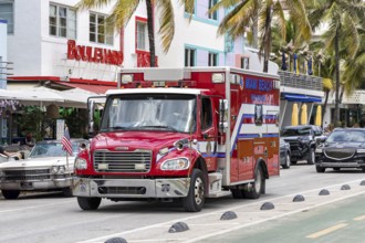 Fire department car fire truck of the Miami Beach Fire Rescue on Ocean Drive in Miami Beach, USA