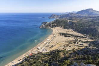 View of Tsambika beach from above Mediterranean seaside island of Rhodes, Greece