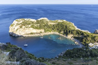 View of Anthony Quinn Bay beach and bay from above Mediterranean seaside island of Rhodes, Greece