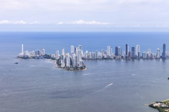 Cartagena skyline with skyscrapers in the Caribbean by the sea Aerial view from above in Cartagena,