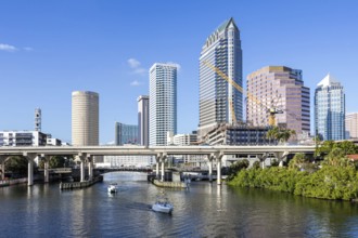 Tampa skyline with skyscrapers and bridge over Hillsborough River downtown in Tampa, USA