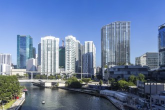 Miami skyline in downtown and Brickell with high-rise real estate on Miami River Florida in Miami,