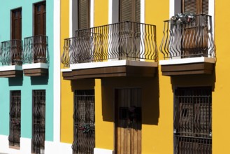 Puerto Rico, San Juan colorful street and colonial architecture in historic city center