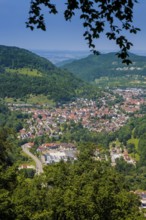 View of Lichtenstein Castle, view of the Echaz Valley and Lichtenstein-Unterhausen, Albtrauf,