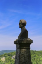 Wilhelm Hauff monument, rocks above the Echaz Valley, monument from 1839, obelisk with bronze bust,