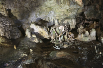 Bear skeleton, Bärenhöhle, Karlshöhle, Erpfinger Höhle, stalactite cave, white Jurassic limestone