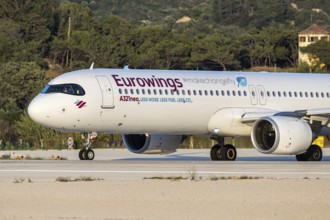 A Eurowings Airbus A321neo aircraft with the D-AEEE license plate at Rhodes airport, Greece