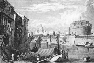 Sant'Angelo Bridge and Castel de Angelo Castel de Angelo with St. Peter's Church, Tiber with boats,