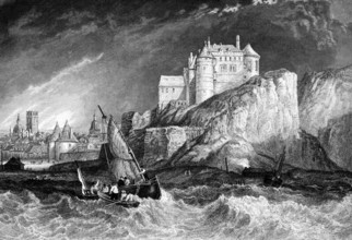 Town of Dieppe with castle on the English Channel, Normandy, France, storm, high swell, rowing