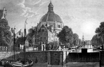 View from Cingel or Singel in Amsterdam, Netherlands, medieval city moat, canals, lock, lock