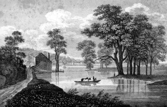 Idyllic river landscape near Albany, New York, USA, Hudson River, rowing boat, animal transport,