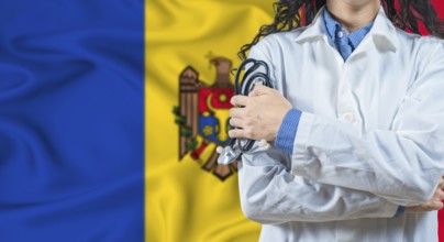 Healthcare professional with Moldova flag background. Professional doctor holding stethoscope on