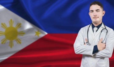 Portrait of medical professional on Philippines flag background. Filipino national health system
