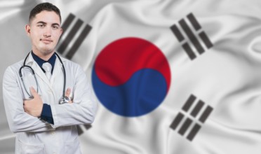 Portrait of medical professional on South Korea flag background. South Korean national health