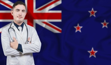 Portrait of medical professional on New Zealand flag background.New Zealander national health