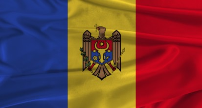 Flag of Moldova with fabric textured background. Close up of National flag of Moldova with