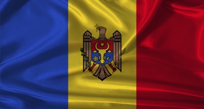 National flag of Moldova with cloth texture. Moldova flag with realistic texture background