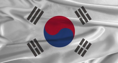 Flag of South Korea with fabric textured background. Close up of National flag of South Korea with
