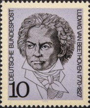 Ludvig van Beethoven (1770-1827) a German composer and pianist. Portrait on a German postage stamp