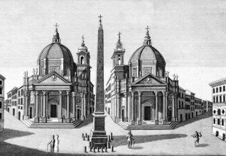 Piazza del Popolo, People's Square, twin church Basilica of Santa Maria in Montesanto, Baroque
