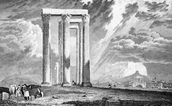 Athens seen from the ruins of the Jupiter temple, acropolis in the background, columns, people,